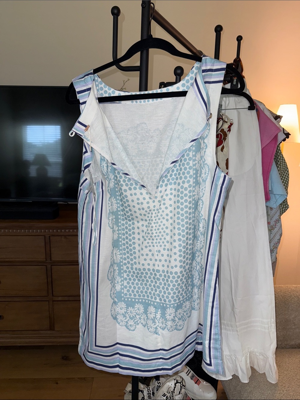 Free people Sleeveless White Dress with Light Blue Floral Scarf Print - Picture 2 of 3